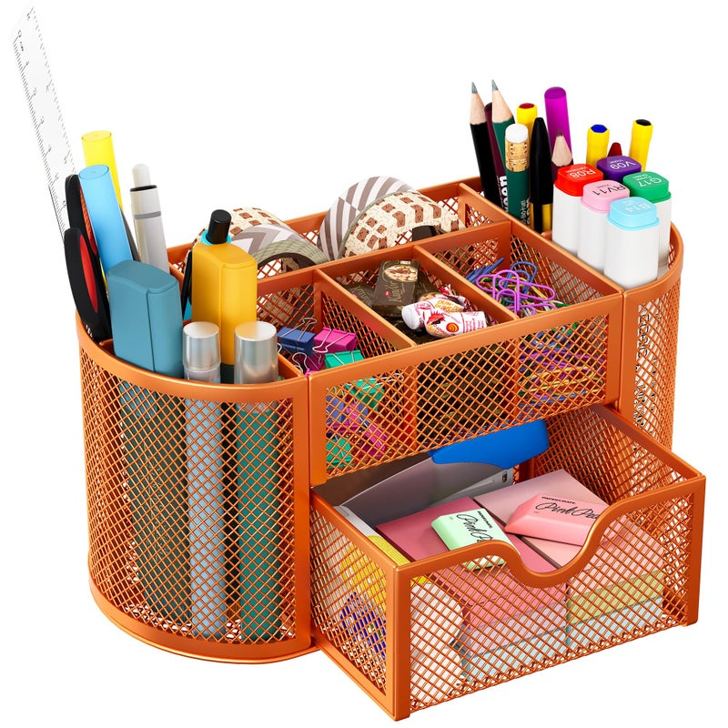 EasyPAG Mesh Pen Holder Desk Organizer with Drawer Stationery Supplies Organizer for Dorm School 9 Compartments Workspace Desk Accessories Organization for Office, Orange - Image 1